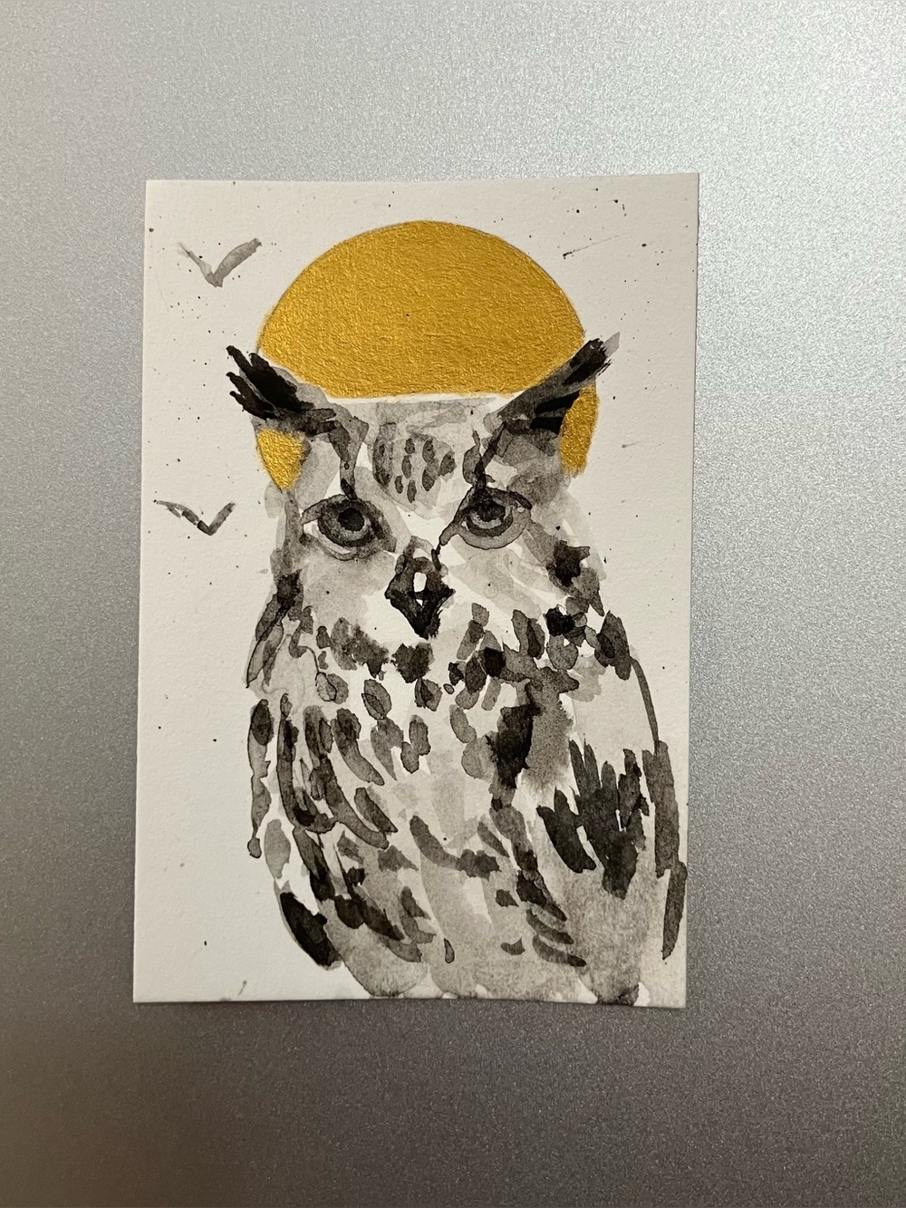 Original owl painting miniature realism art sumi-e style ink gift artwork USA